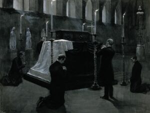 Five Priests Praying Around a Coffin in a Church by GB Scott. 1898, drawing, Wikimedia Commons.