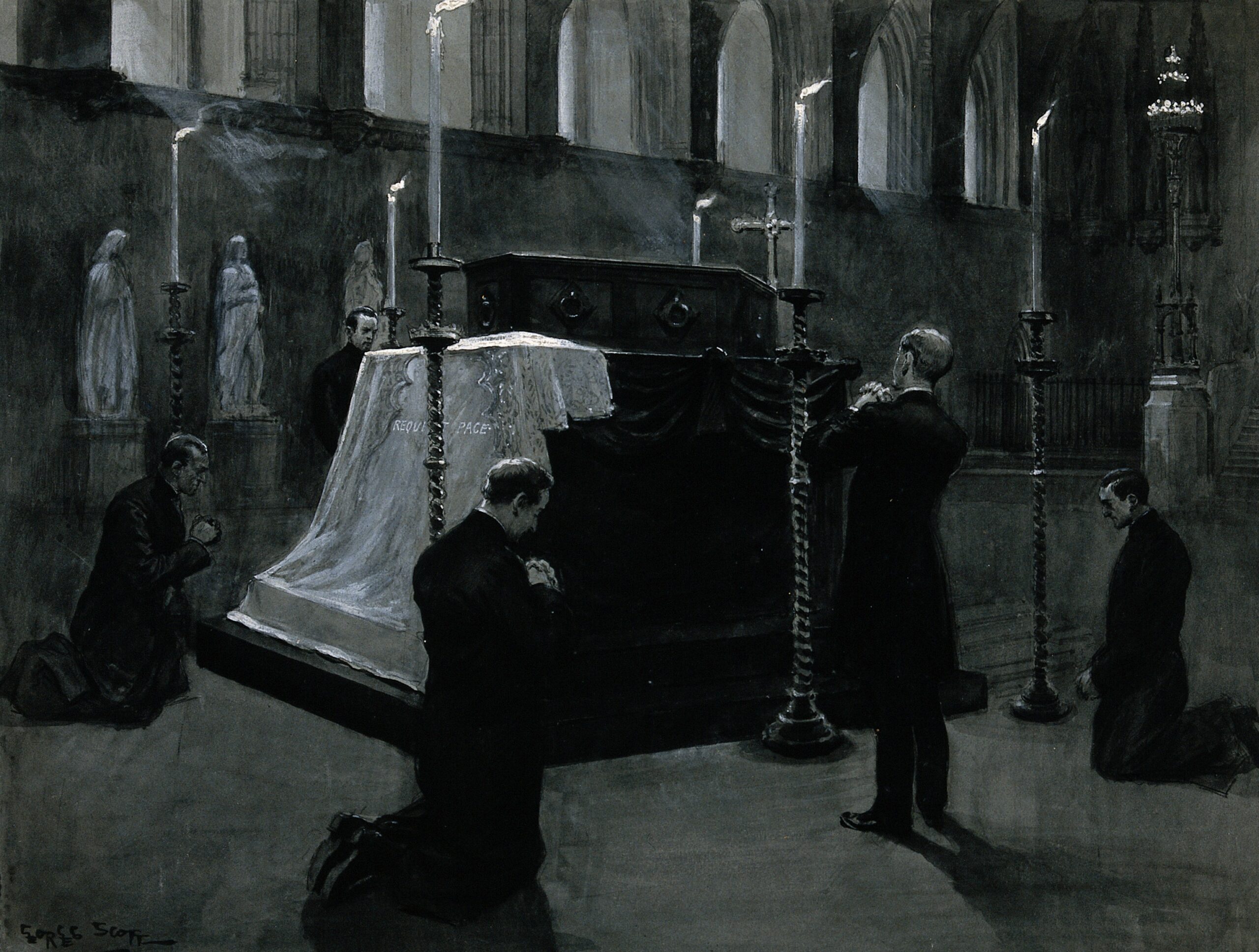 Five Priests Praying Around a Coffin in a Church by GB Scott. 1898, drawing, Wikimedia Commons.