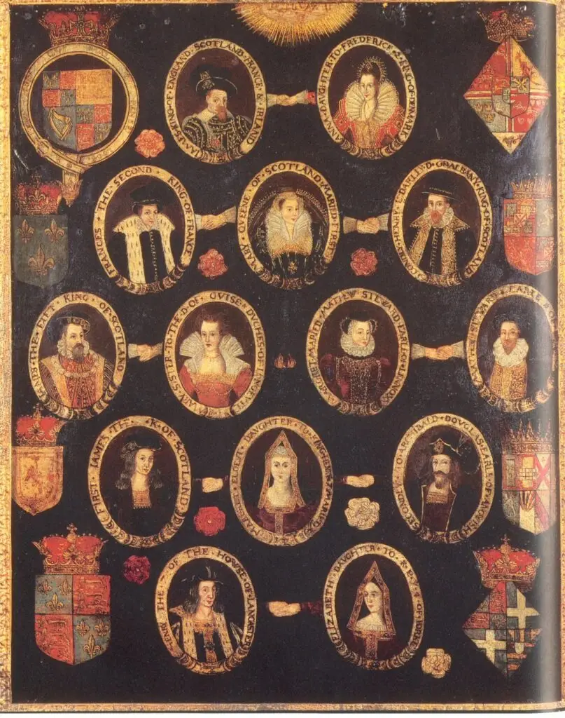 Family tree of King James I and VI of England and Scotland. 1603, painted genealogy. Wikimedia Commons.