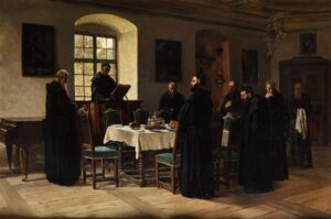 Mönche im Refektorium by Wilhelm Ludwig Friedrich Riefstahl (1827-1888). 1800s, oil on canvas. Wikimedia Commons.