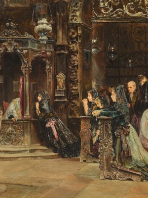 A Confession by Jose Gallegos. 1894, oil on panel. Wikimedia Commons