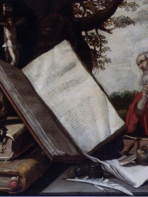 Vanitas con libros, una calavers, un crucifijo y un reloj de arena, San Jeronimo en el fondo by Abraham Bloemaert. 1620. Wikimedia Commons