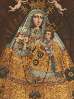 Our Lady of the Rosary with Saint Dominic and Saint Rose, Anonymous Cusco School (c. 1750) oil on canvas, c. 1750. Lima Art Museum / Wikimedia Commons