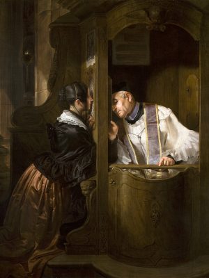 The Confession by Giuseppe Molteni (1800-1867). 1838, oil on canvas, Gallerie d'Italia Milano / Wikimedia Commons