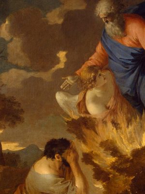 Moses and the Burning Bush, Sébastien Bourdon (1616-1671), 17th Century, oil on canvas. Hermitage Museum, St. Petersburg. Wikimedia Commons. (Left edge of image expanded by AI using Adobe Photoshop Generative Expansion).