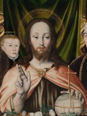 Christ Blessing, Surrounded by a Donor Family by anonymous. 1573, oil and gold on oak, Metropolitan Museum of Art / Wikimedia Commons