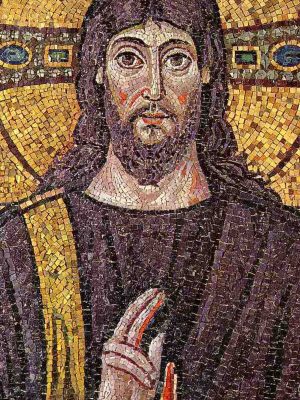 Byzantine mosaic of Jesus Christ in Basilica of Sant'Apollinare Nuovo in Ravenna. Wikimedia Commons.