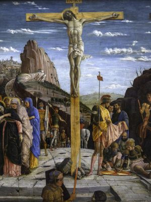 Crucifixion, Andrea Mantegna (1431–1506). 1460, oil on panel. Louvre, photographed by Wilfredo Hernandez / Wikimedia Commons