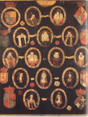 Family tree of King James I and VI of England and Scotland. 1603, painted genealogy. Wikimedia Commons.