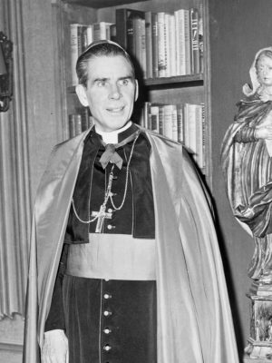 Photograph of Fulton J. Sheen, Roman Catholic Bishop and early television preacher, on a set for one of his regular television series. 1952, photograph. photographed by Fred Palumbo. Library of Congress / Wikimedia Commons