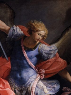 Archangel Michael defeats Satan, Guido Reni (1575-1642), between c. 1630 and c. 1635, oil on silk. Santa Maria della Concezione dei Cappuccini, photograph by Andrew Graham Dixon / Wikimedia Commons.