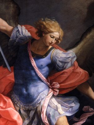 Archangel Michael defeats Satan, Guido Reni (1575-1642). c. 1635, oil on silk. Santa Maria della Concezione dei Cappuccini, photographed by Andrew Graham Dixon / Wikimedia Commons