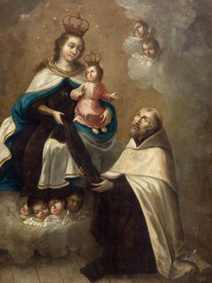 Our Lady of Mount Carmel Giving the Scapular to Saint Simon by Ignacio Ayala Rodriguez. 1793, oil on metal, National Museum of Fine Arts of Cuba / Wikimedia Commons.