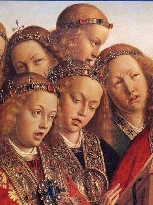 Ghent Altarpiece (Detail), Jan van Eyck (c. 1390–1441), 1432, oil on oak panel. St. Bavo's Cathedral. Web Gallery of Art / Wikimedia Commons.