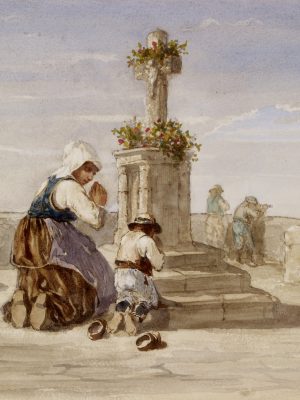 Woman and Child Kneeling Before a Cross by Jules Jacques Veyrassat (1828-1893). 1865, graphite and watercolor, Walters Art Museum / Wikimedia Commons