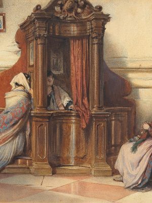 A Church Interior With Women at the Confessional by Ludwig Passini (1832-1903). 1863, watercolor, private collection / Wikimedia Commons.
