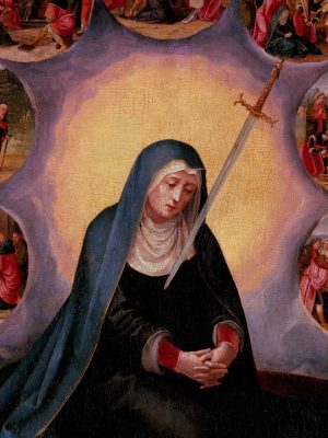 Virgin of the Seven Sorrows, Master of the Female Half-Lengths, 16th Century, oil on panel. Museu Nacional d'Art de Catalunya. Google Cultural Institute / Wikimedia Commons.