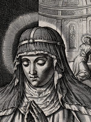 Saint Brigid of Sweden. Line Engraving. Wellcome Images / Wikimedia Commons