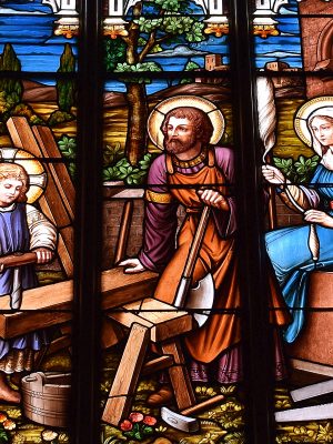 The House at Nazareth, Saint Joseph Catholic Church, Tiffin, Ohio. Stained glass, photographed 2017 by Nheyob / Wikimedia Commons