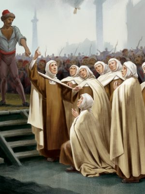 Art created for TAN Books by Chris Pelicano, after “At the foot of the scaffold: Carmelite Martyrs of Compiegne, July 17, 1794” by G. Molinari, 1906. © TAN Books.