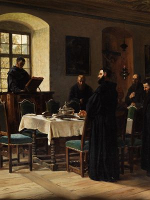 Mönche im Refektorium by Wilhelm Ludwig Friedrich Riefstahl (1827-1888). 1800s, oil on canvas. Wikimedia Commons.