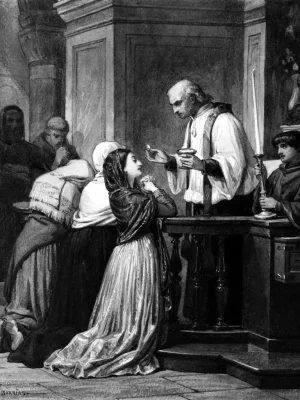 Woman Receiving the Eucharist by Felix-Joseph Barrias (1822-1907). 1840, watercolor with graphite, Walters Art Museum / Wikimedia Commons