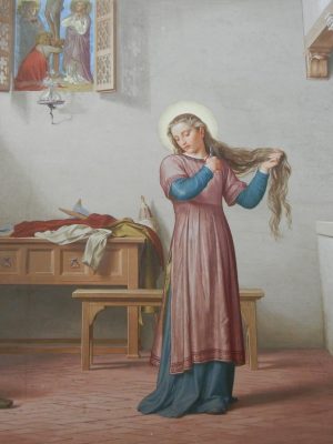 Young Saint Catherine of Siena Cutting Her Hair by Alessandro Franchi. 1893, Oratorio della Camera / Wikimedia Commons