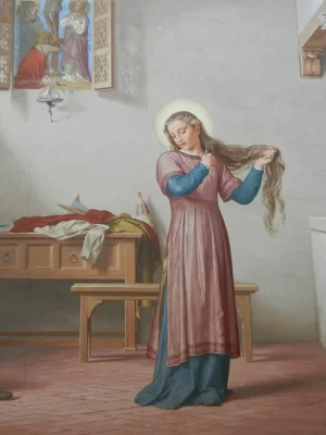Young Saint Catherine of Siena Cutting Her Hair by Alessandro Franchi. 1893, Oratorio della Camera / Wikimedia Commons