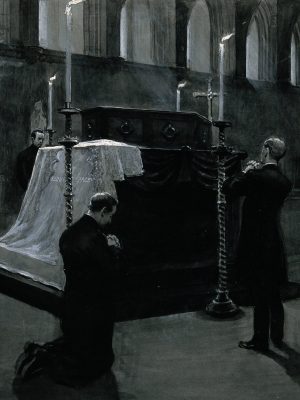 Five Priests Praying Around a Coffin in a Church by GB Scott. 1898, drawing, Wikimedia Commons.
