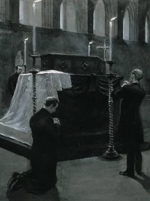 Five Priests Praying Around a Coffin in a Church by GB Scott. 1898, drawing, Wikimedia Commons.