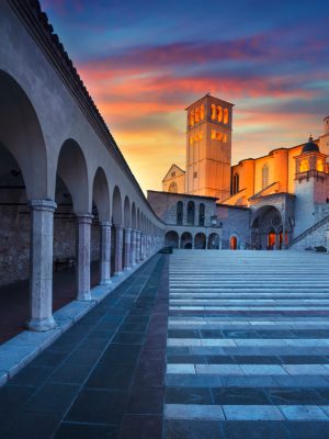 Assisi,,San,Francesco,Or,Saint,Francis,Basilica,Church,At,Sunset.