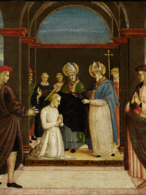 Saint Ambrose Vesting Saint Augustine by anonymous. 1500, painting, Staedel Museum / Wikimedia Commons