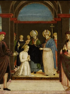 Saint Ambrose Vesting Saint Augustine by anonymous. 1500, painting, Staedel Museum / Wikimedia Commons